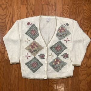 Elegant Cream Cardigan with Geometric Floral Design